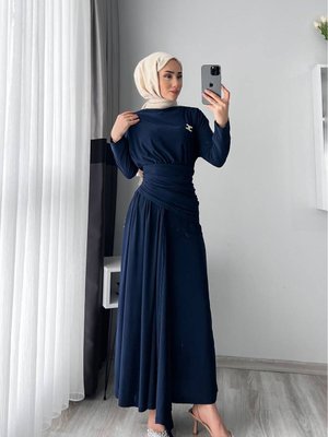 Lacivert Likralı Drapeli Elbise