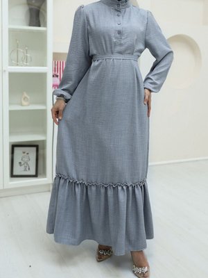 Gri Yakası Fırfırlı Düğme Detaylı Eteği Parçalı Keten Elbise Gri Yakası Fırfırlı Düğme Detaylı Eteği Parçalı Keten Elbise