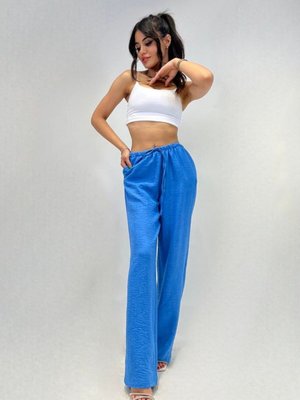 Mavi İnce Kemer Keten Palazzo Pantolon