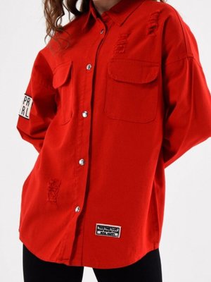 Kırmızı Boydan Çıtçıtlı Çift Cepli Yıpratma Detaylı Kot Ceket Kırmızı Boydan Çıtçıtlı Çift Cepli Yıpratma Detaylı Kot Ceket