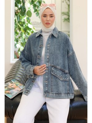 Koyu Mavi Taş Detaylı Oversize Denim Kot Ceket