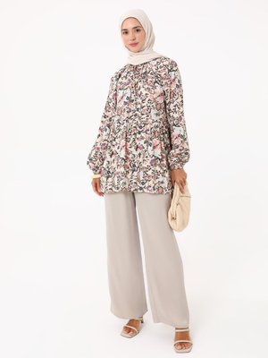 Pembe Çiçek Baskılı Vual Tunik