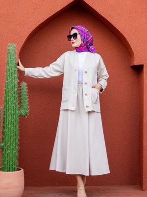 Krem Hırka Etek Modal Dalgıç İkili Takım