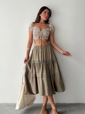 Haki Uzun Fisto Şeritli Bol Bel Lastikli Etek