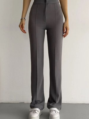 Gri Renk Rahat Kesim Önü Çımalı Likralı Bol Paça Pantolon