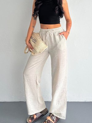 Ekru Keten Kumaş Beli Lastikli Rahat Kalıp Pantolon