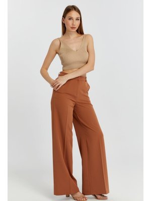 Taba Rengi Palazzo Geniş Paça Dokuma Kumaş Pantolon