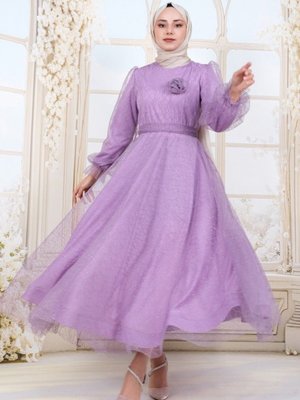 Lila Kolu Lastikli Kuşaklı Simli Kabarık Tül Abiye Elbise