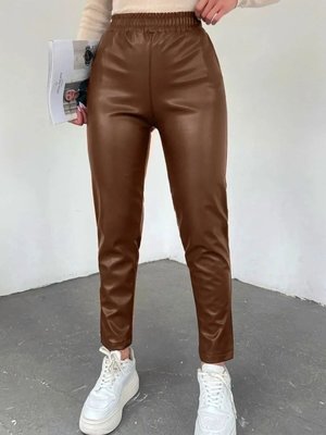 Kahverengi Beli Lastikli Deri Pantolon