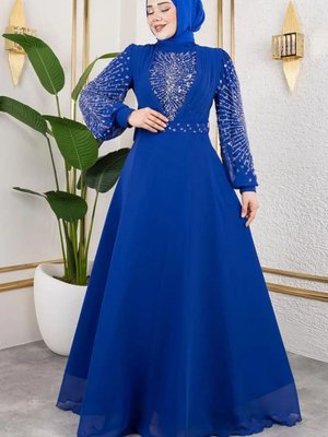 Saks Mavisi Taş İşlemeli Şifon Abiye Elbise Saks Mavisi Taş İşlemeli Şifon Abiye Elbise