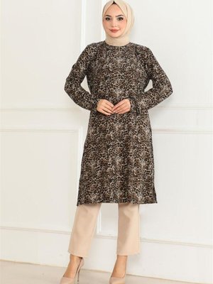 Kahverengi Desenli Örme Süet Tunik