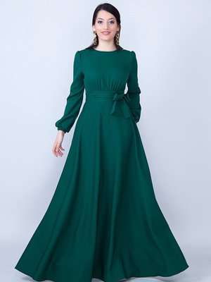 Zümrüt Yuvarlak Yaka Uzun Kol Dokuma Kumaş Beli Büzgülü Kuşaklı Cepli Abiye Elbise Zümrüt Yuvarlak Yaka Uzun Kol Dokuma Kumaş Beli Büzgülü Kuşaklı Cepli Abiye Elbise