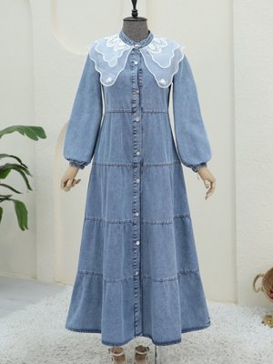 Buz Mavi Yakası Organze Tül Detaylı Kot Elbise Buz Mavi Yakası Organze Tül Detaylı Kot Elbise