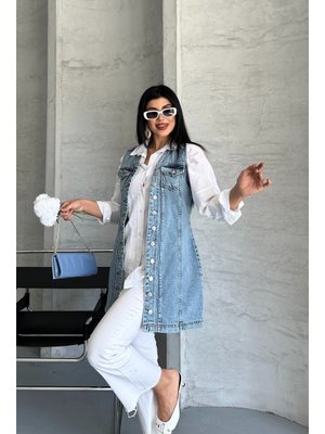 Tunik Uzun Düğmeli İki Cepli Kot Yelek Buz Mavi