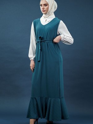 İndigo Çizgili li Jile Zümrüt Gömlek Elbise