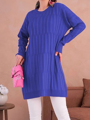 Saks Yuvarlak Yaka Kalın Çizgili Salaş Triko Tunik