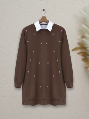 Kahve Bisiklet Yaka Kalp İşlemeli Yırtmaçlı Tunik