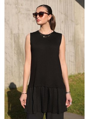 Siyah Piliseli Kolsuz Penye İçlik Tunik