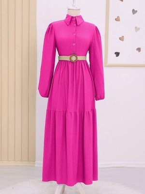 Fuşya Parçalı Yarım Düğmeli Kemerli Krinkıl Elbise Fuşya Parçalı Yarım Düğmeli Kemerli Krinkıl Elbise
