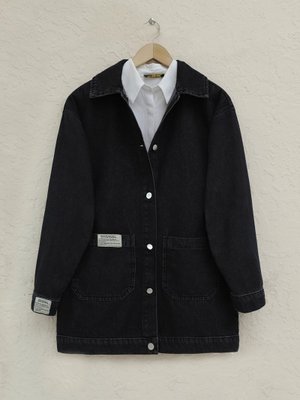 Siyah Torba Cepli Düğmeli Kot Ceket