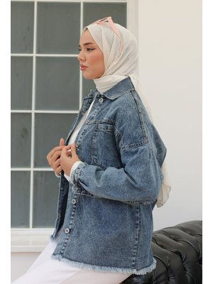 Koyu Mavi Oversize Püskül Detay Yaka Cep Kot Ceket