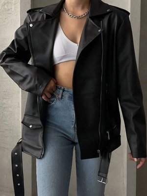 Siyah Oversize Cep Detay Kemerli Deri Mont Siyah Oversize Cep Detay Kemerli Deri Mont