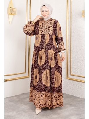 Mürdüm Varak Desenli Viskon Elbise