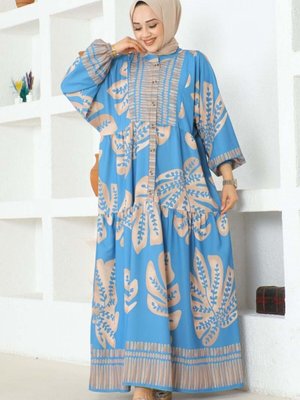 Mavi Tropikal Desenli Elbise