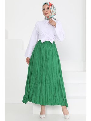 Yesıl Beli Lastikli Kırışık Etek Yesil Yesıl Beli Lastikli Kırışık Etek Yesil