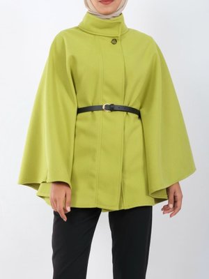 Yağ Yeşili Tek Düğme Kemerli Panço