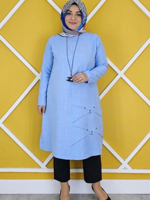 Buz Mavi Nervür Dikim Detaylı Kolyeli Tunik Buz Mavi Nervür Dikim Detaylı Kolyeli Tunik
