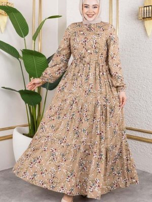 Bej Asel Çiçekli Viskon Elbise Vizon