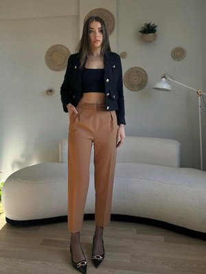 Camel Pileli Havuç Paça Kumaş Pantolon