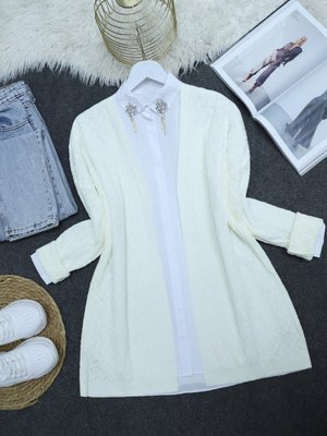 Beyaz Örgü Desen Ara Boy Triko Hırka