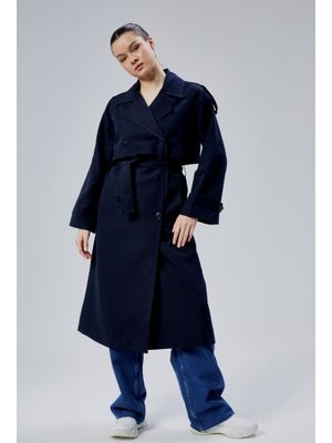 Oversize Kruvaze Kapama Rüzgarlık Detaylı Trençkot Lacivert
