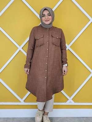 Kahverengi Cepleri Mini Püskül Detaylı Keten Gömlek Kahverengi Cepleri Mini Püskül Detaylı Keten Gömlek