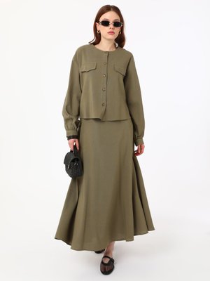 Haki Keten Karışımlı Gömlek & Etek İkili Takım