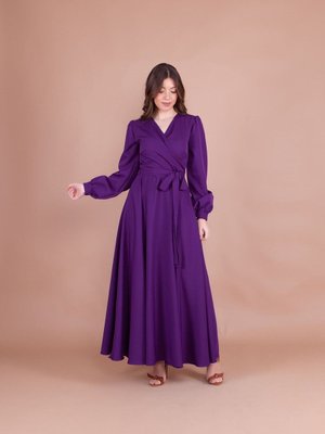 Mürdüm Kruvaze Yaka Kemerli Abiye Elbise