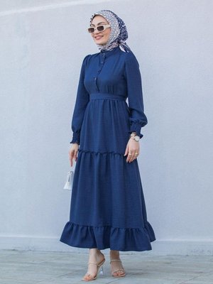 Lacivert Etek Fırfır Detaylı Keten Elbise