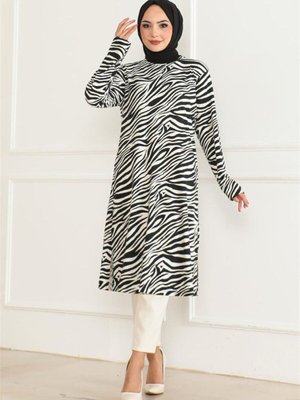 Siyah Desenli Örme Süet Tunik