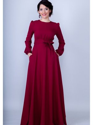 Bordo Uzun Yuvarlak Yaka Kol Dokuma Kumaş Beli Büzgülü Kuşaklı Cepli Maksi & Abiye Elbise Bordo Uzun Yuvarlak Yaka Kol Dokuma Kumaş Beli Büzgülü Kuşaklı Cepli Maksi & Abiye Elbise