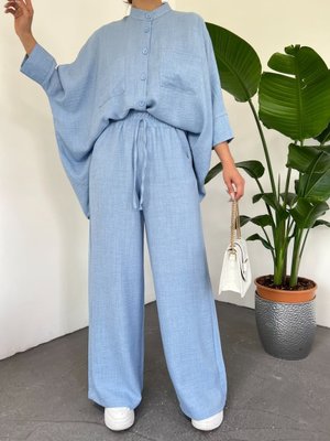 Bebe Mavi Çift Cepli Yarım Yarasa Kol Salaş Gömlek Takım