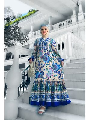 Mavi Alaçatı Viskon Desenli Elbise