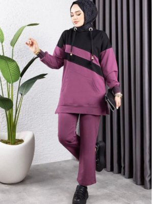 Koyu Lila Çapraz Garnili Ribanalı Spor İkili Takım Siyah