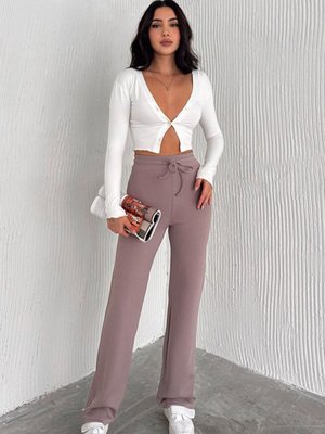 Pembe Modal Kumaş Fitilli Şardonlu Kışlık Vizon Pantolon