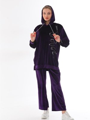 Mor Kadife Taş İşlemeli Kapüşonlu Takım