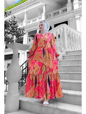 Fuşya Hawai Desenli Krep Elbise Fuşya Hawai Desenli Krep Elbise