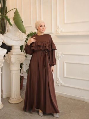Acı Kahve Çift Fırfırlı Salaş Elbise
