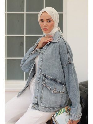 Acık Mavı Taş Detaylı Oversize Denim Kot Ceket Acik Mavi