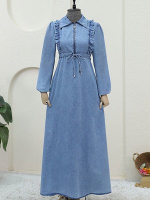 Buz Mavi Yarım Fermuarlı Tünel Bağcıklı Kot Elbise Buz Mavi Yarım Fermuarlı Tünel Bağcıklı Kot Elbise